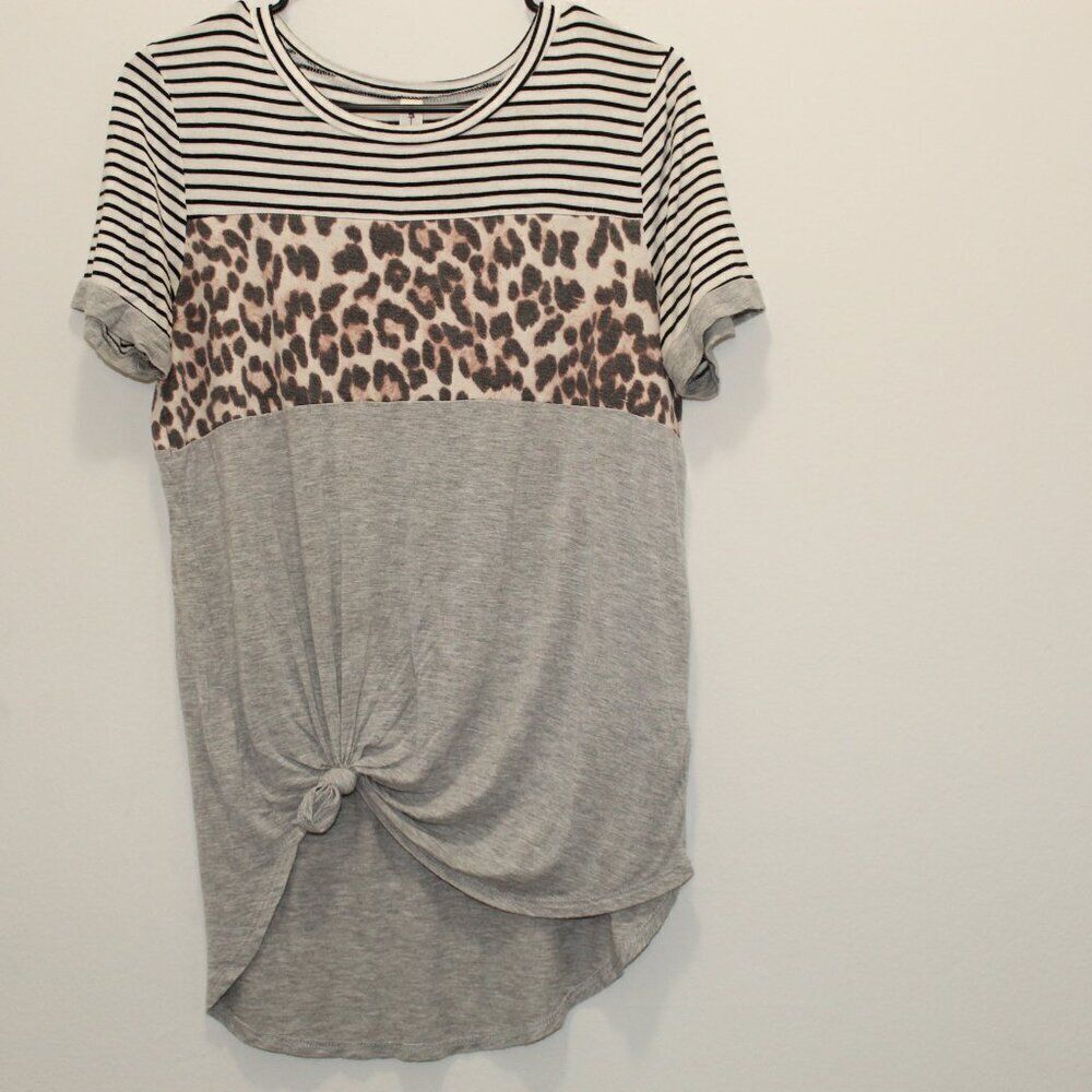 Vanilla Bay Striped Animal Print Tie Front Top